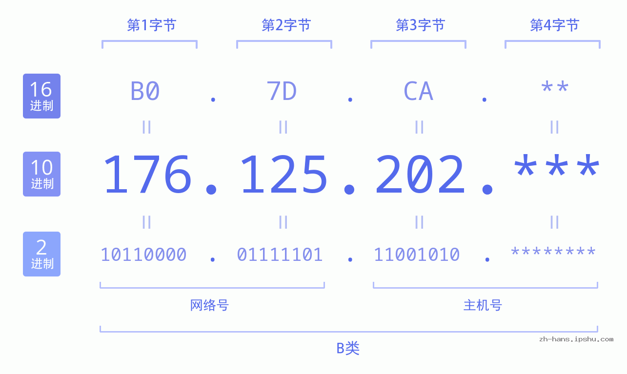 IP地址:176.125.202 数据结构图 二进制 十进制 十六进制 IPv4: 176.125.202 网络类型 网络号 主机号
