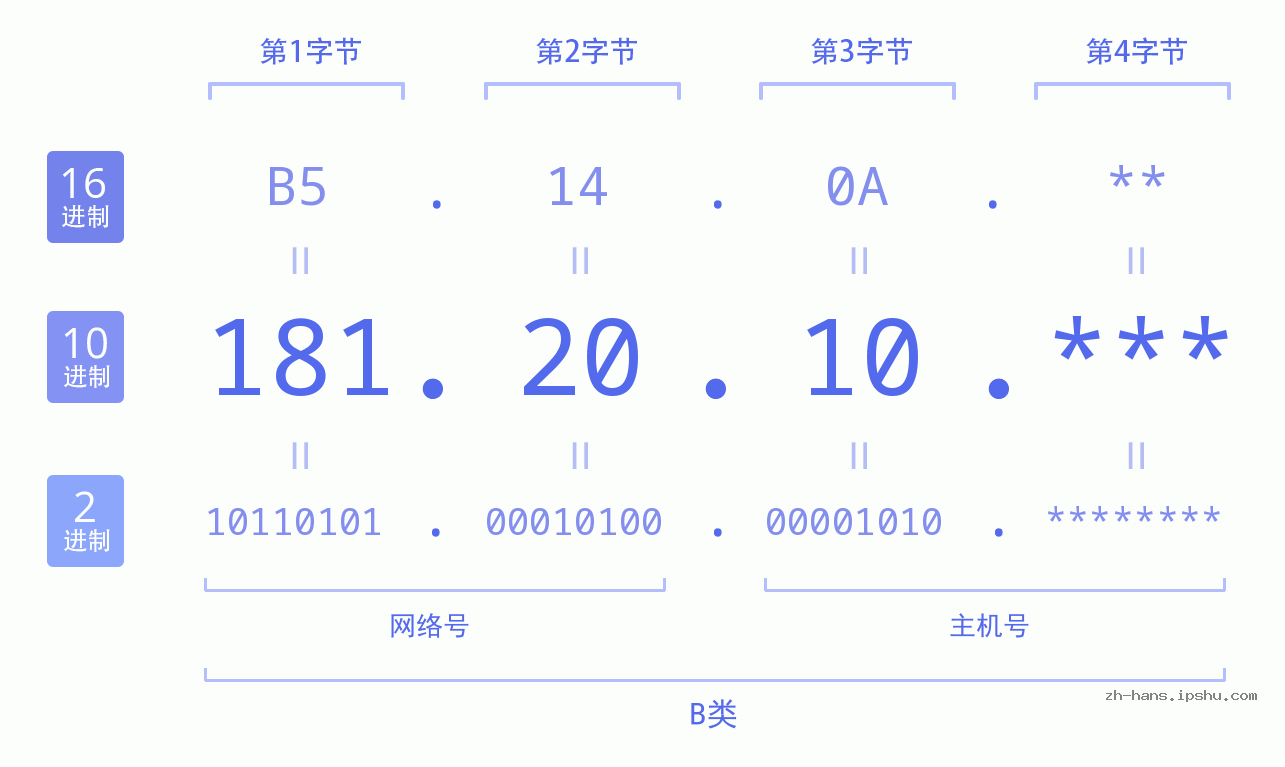 IP地址:181.20.10 数据结构图 二进制 十进制 十六进制 IPv4: 181.20.10 网络类型 网络号 主机号