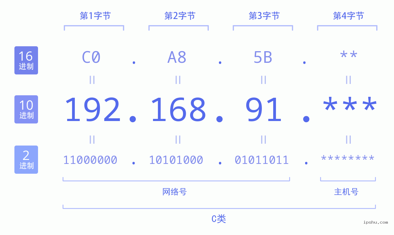 IPv4: 192.168.91 网络类型 网络号 主机号