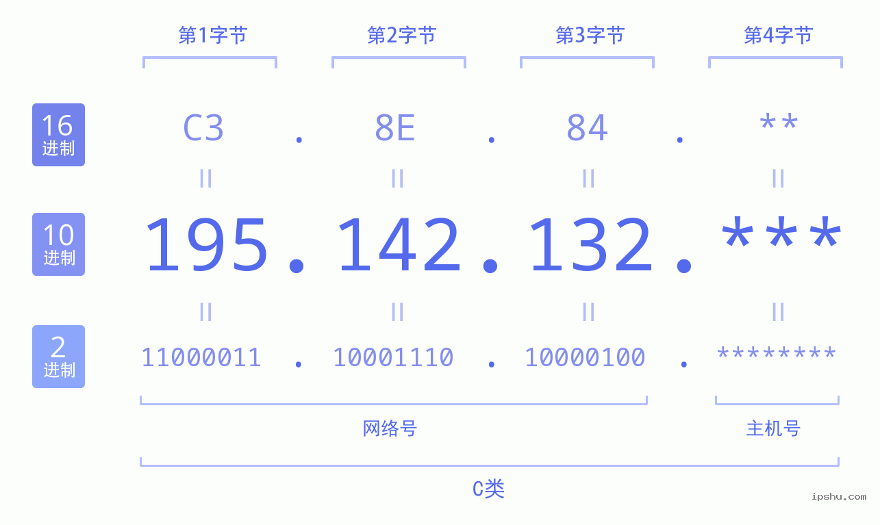 IPv4: 195.142.132 网络类型 网络号 主机号