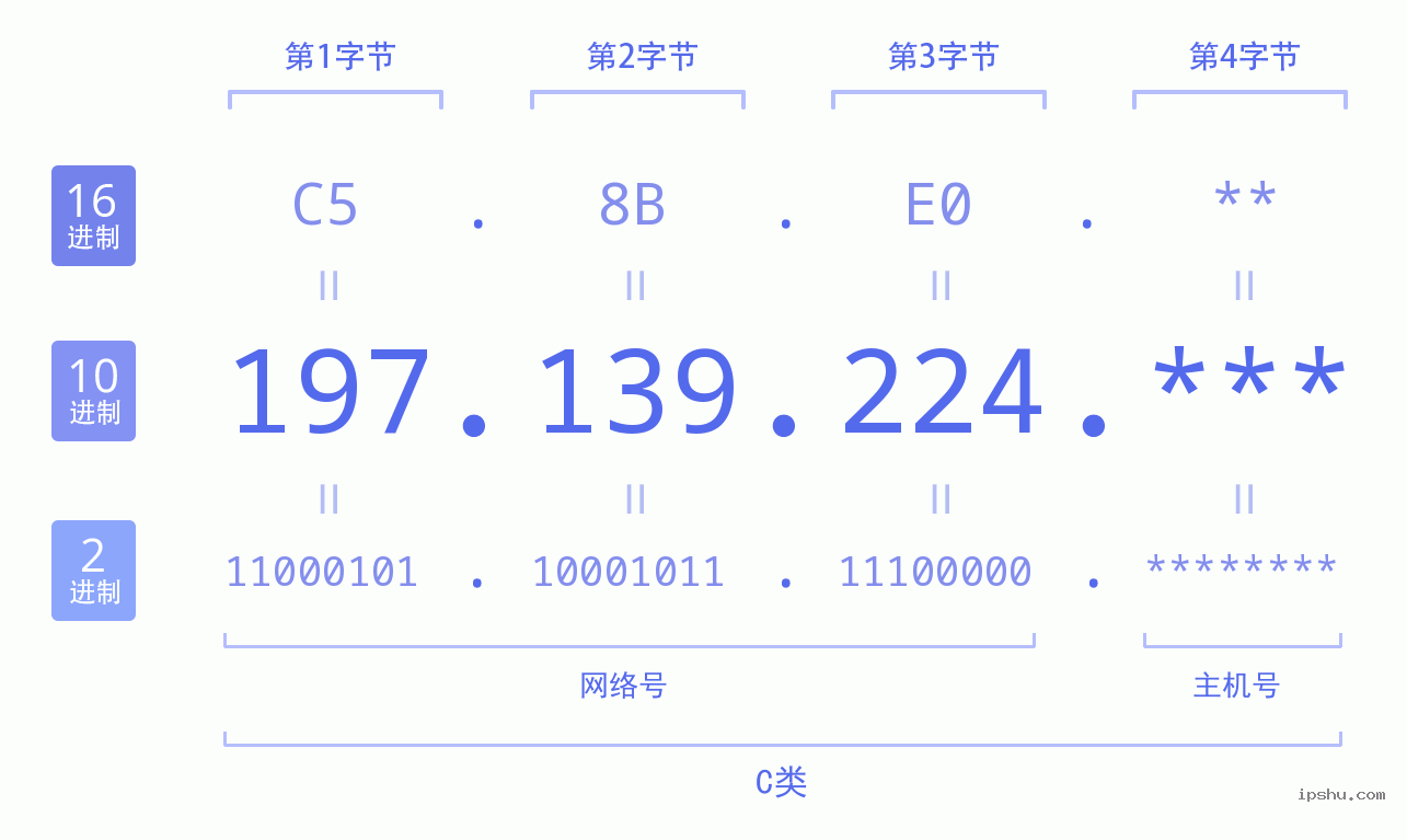 IPv4: 197.139.224 网络类型 网络号 主机号