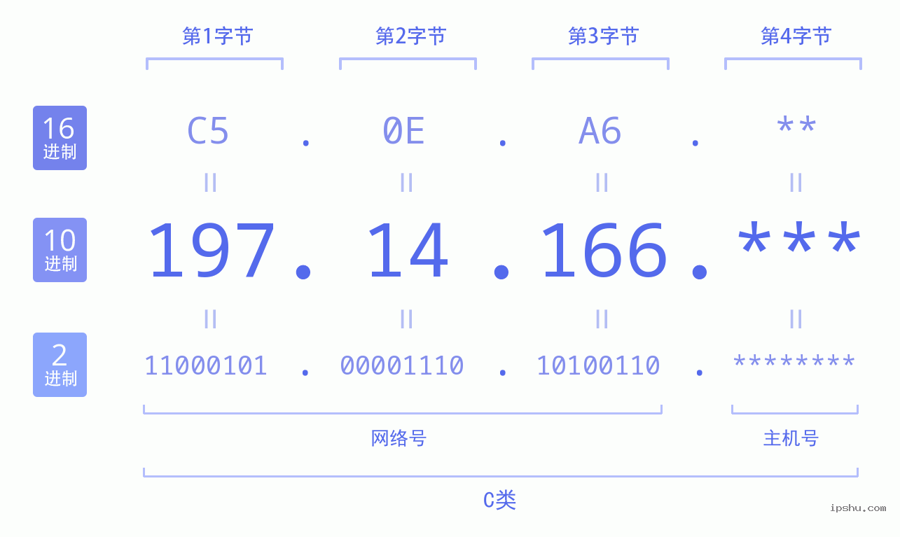 IPv4: 197.14.166 网络类型 网络号 主机号