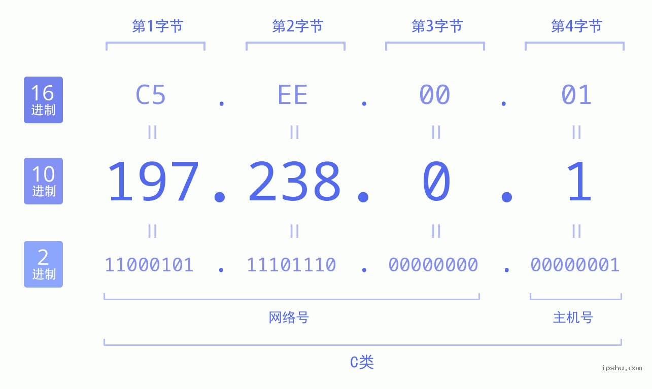 IPv4: 197.238.0.1 网络类型 网络号 主机号