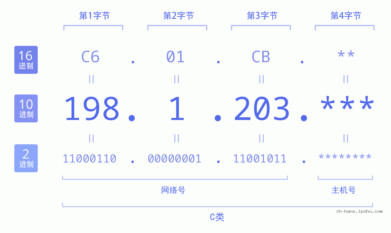 IPv4: 198.1.203 网络类型 网络号 主机号