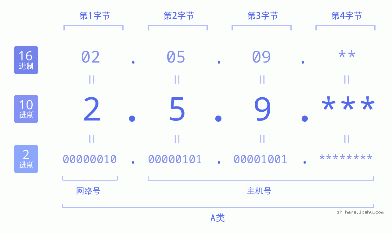 IP地址:2.5.9 数据结构图 二进制 十进制 十六进制 IPv4: 2.5.9 网络类型 网络号 主机号