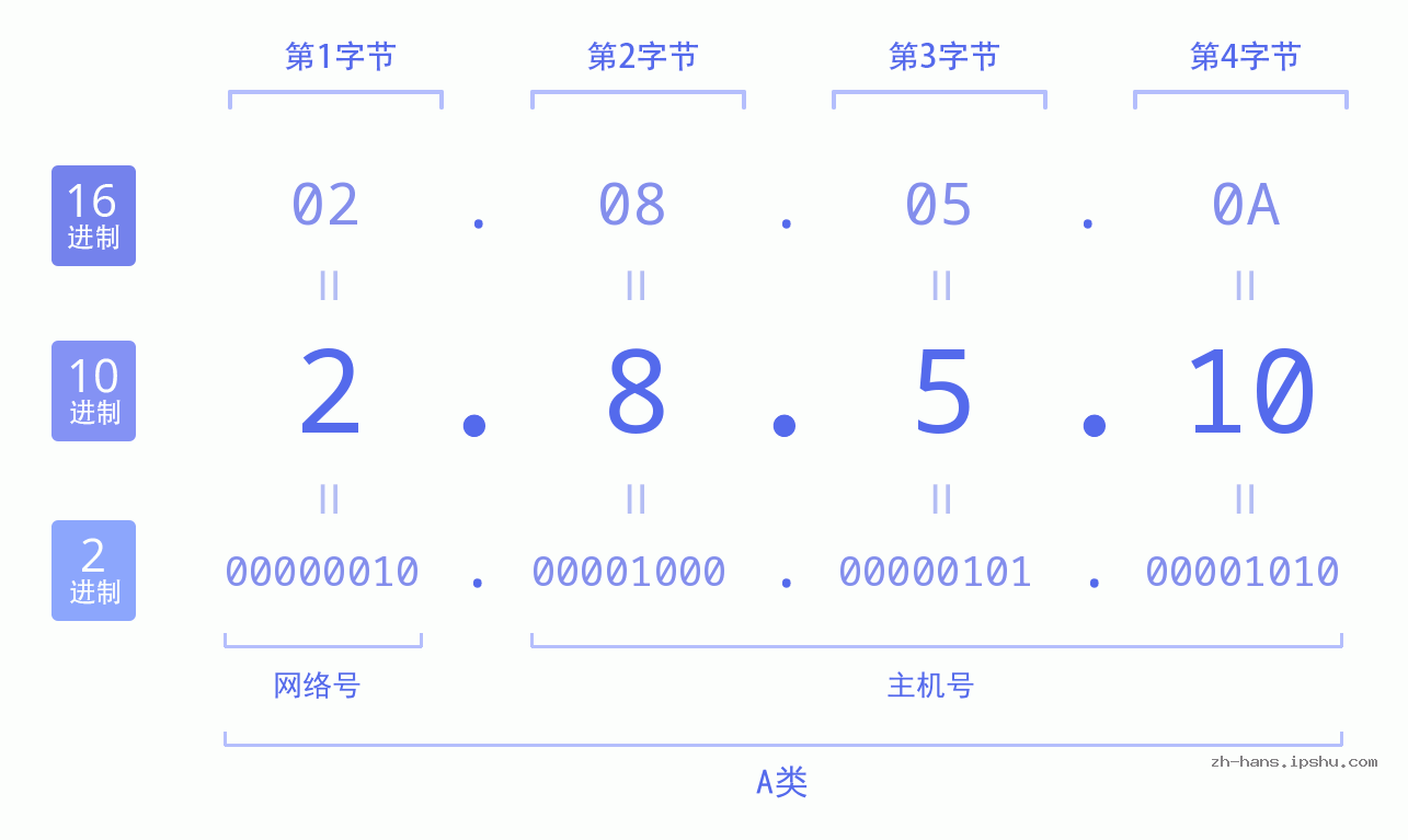 IP地址:2.8.5.10 数据结构图 二进制 十进制 十六进制 IPv4: 2.8.5.10 网络类型 网络号 主机号