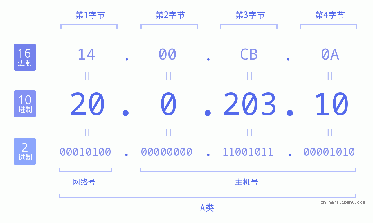 IP地址:20.0.203.10 数据结构图 二进制 十进制 十六进制 IPv4: 20.0.203.10 网络类型 网络号 主机号