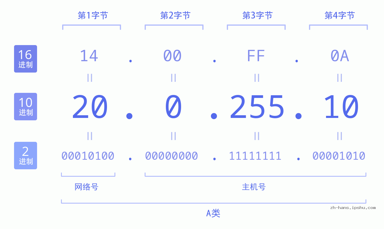 IP地址:20.0.255.10 数据结构图 二进制 十进制 十六进制 IPv4: 20.0.255.10 网络类型 网络号 主机号