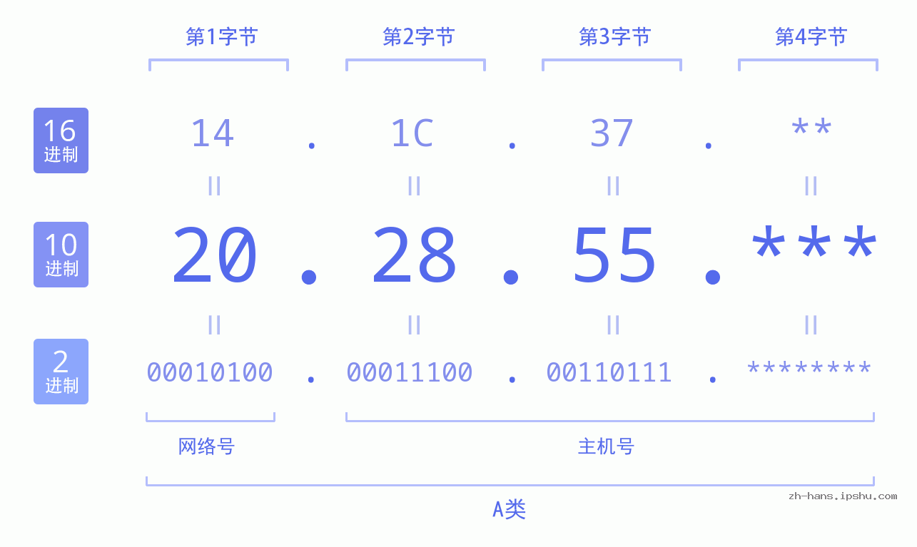 IP地址:20.28.55 数据结构图 二进制 十进制 十六进制 IPv4: 20.28.55 网络类型 网络号 主机号