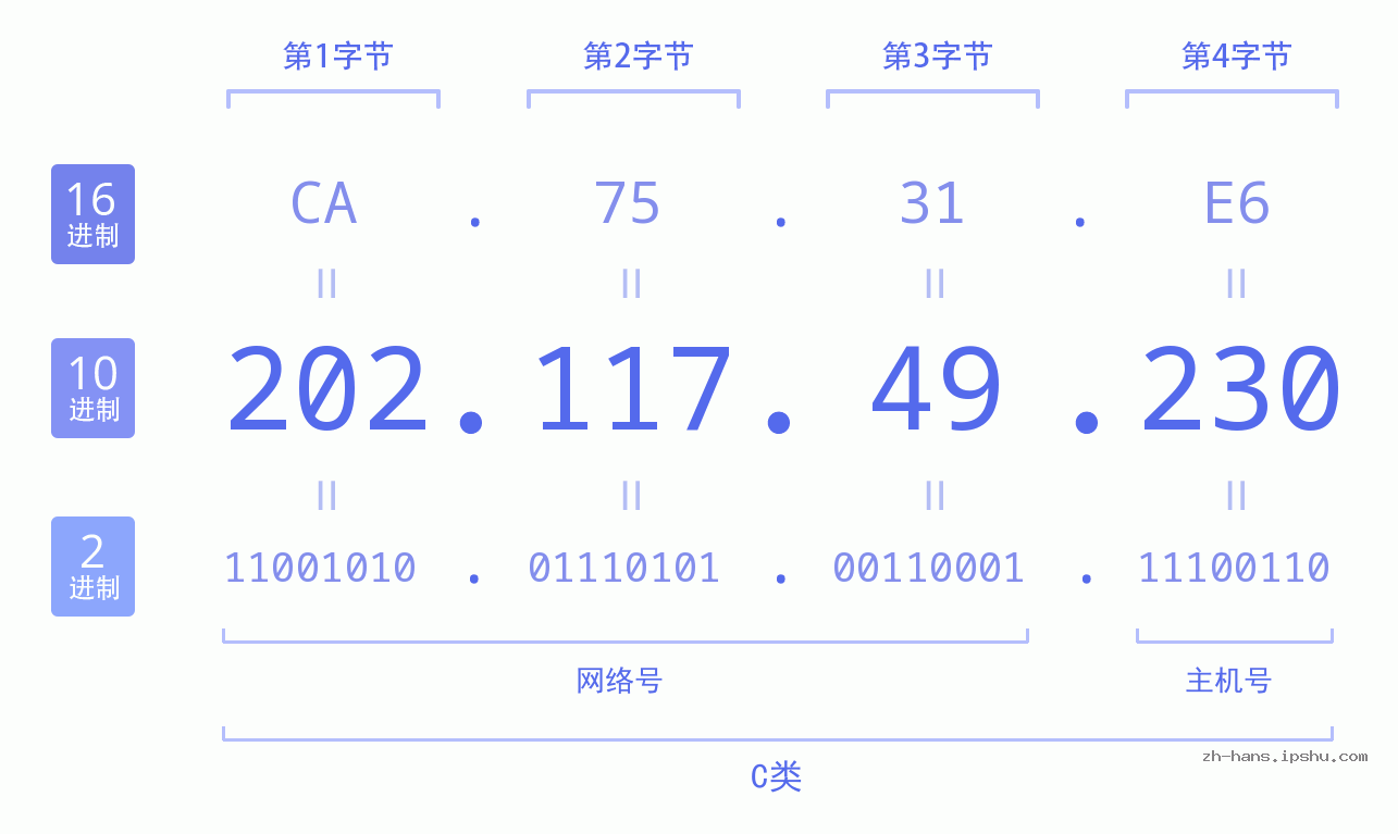 IP地址:202.117.49.230 数据结构图 二进制 十进制 十六进制 IPv4: 202.117.49.230 网络类型 网络号 主机号