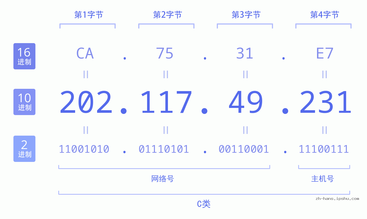 IP地址:202.117.49.231 数据结构图 二进制 十进制 十六进制 IPv4: 202.117.49.231 网络类型 网络号 主机号