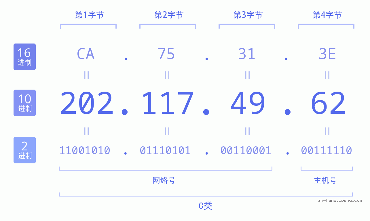 IP地址:202.117.49.62 数据结构图 二进制 十进制 十六进制 IPv4: 202.117.49.62 网络类型 网络号 主机号