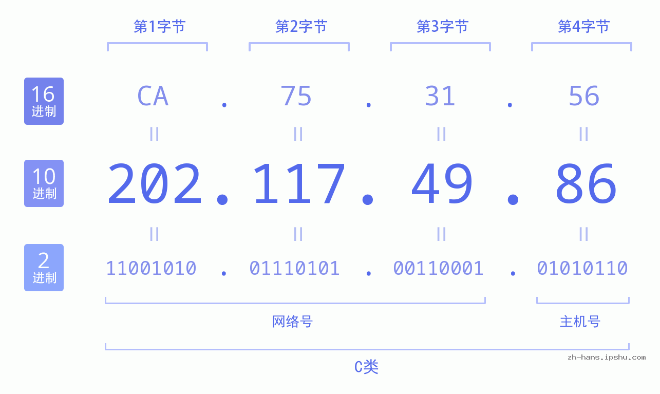 IP地址:202.117.49.86 数据结构图 二进制 十进制 十六进制 IPv4: 202.117.49.86 网络类型 网络号 主机号