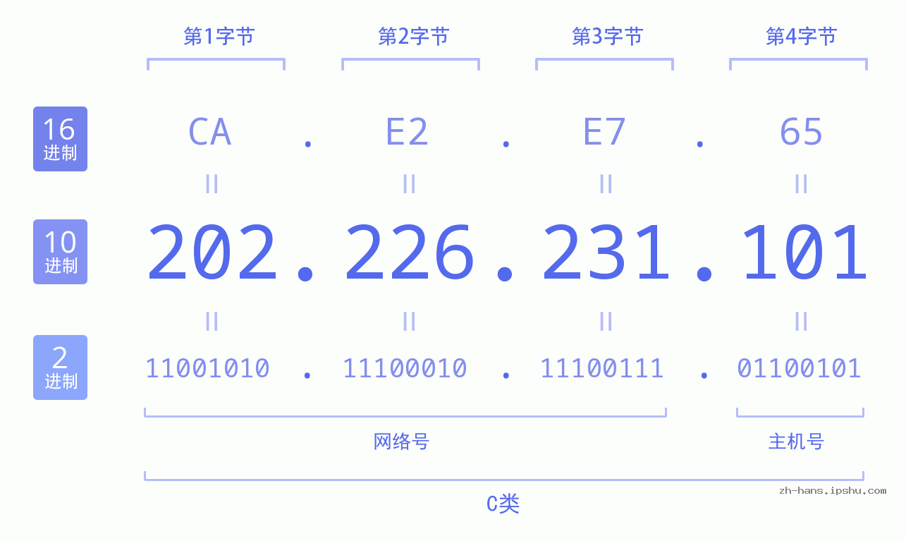 IP地址:202.226.231.101 数据结构图 二进制 十进制 十六进制 IPv4: 202.226.231.101 网络类型 网络号 主机号