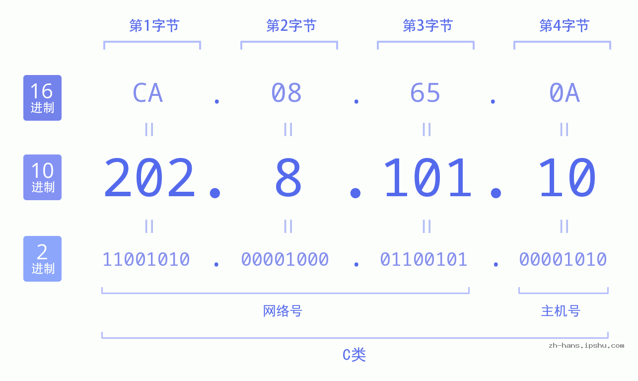 IP地址:202.8.101.10 数据结构图 二进制 十进制 十六进制 IPv4: 202.8.101.10 网络类型 网络号 主机号