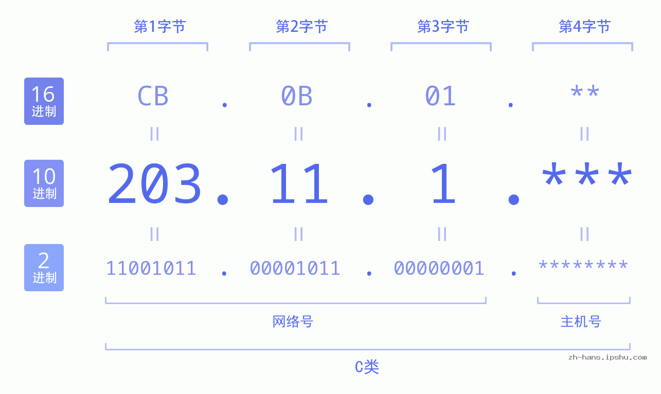 IP地址:203.11.1 数据结构图 二进制 十进制 十六进制 IPv4: 203.11.1 网络类型 网络号 主机号