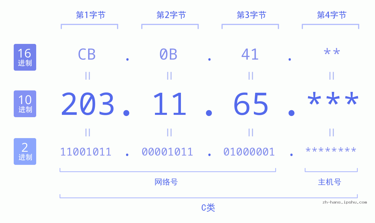 IP地址:203.11.65 数据结构图 二进制 十进制 十六进制 IPv4: 203.11.65 网络类型 网络号 主机号