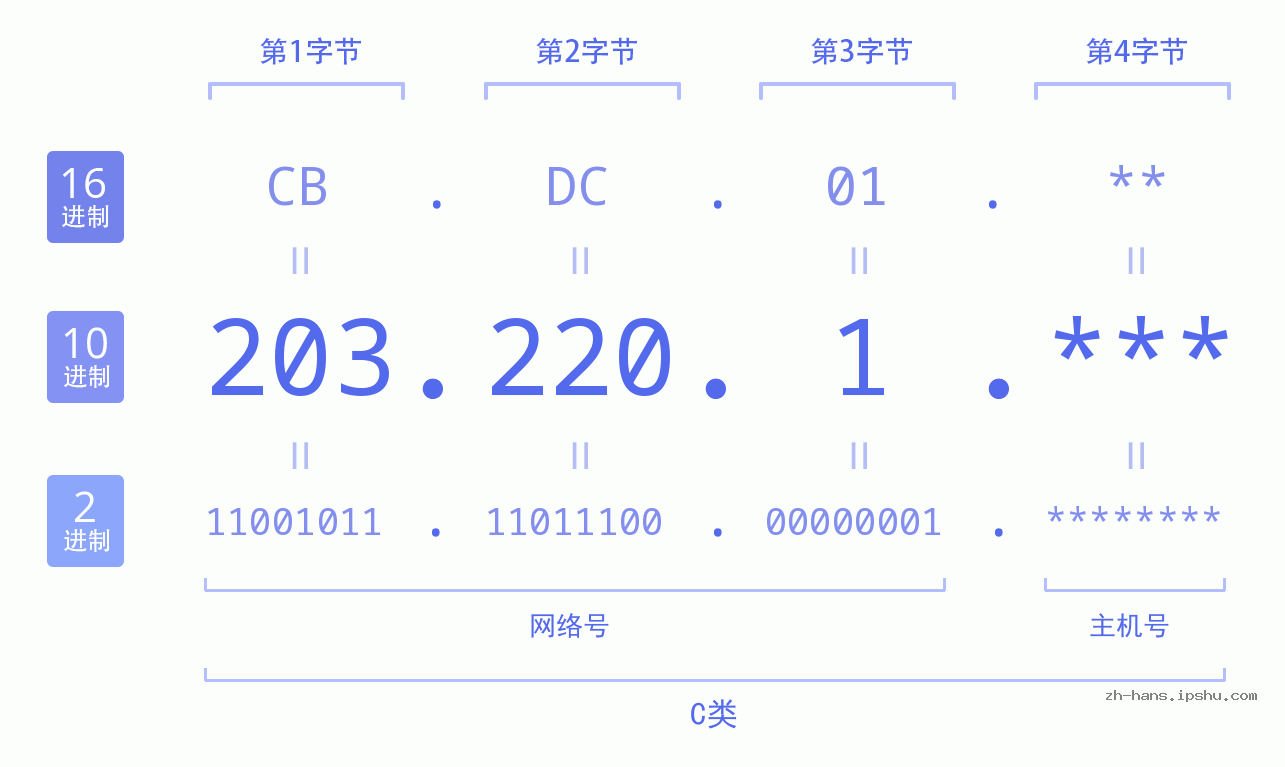 IP地址:203.220.1 数据结构图 二进制 十进制 十六进制 IPv4: 203.220.1 网络类型 网络号 主机号