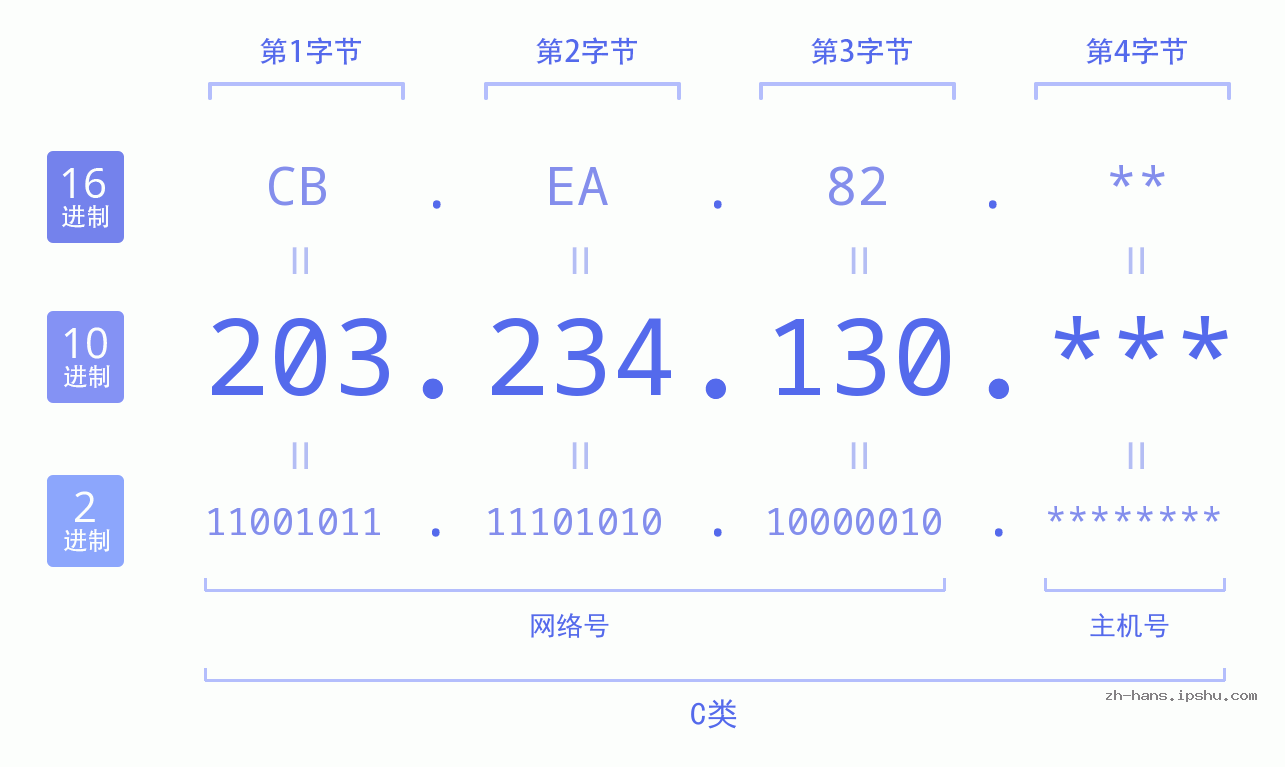 IP地址:203.234.130 数据结构图 二进制 十进制 十六进制 IPv4: 203.234.130 网络类型 网络号 主机号