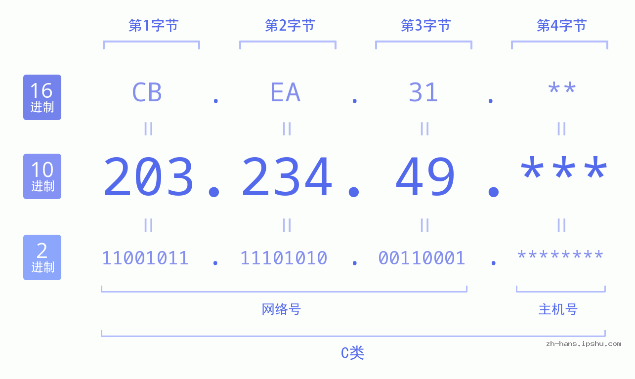 IP地址:203.234.49 数据结构图 二进制 十进制 十六进制 IPv4: 203.234.49 网络类型 网络号 主机号