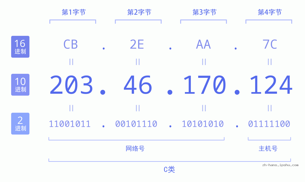IP地址:203.46.170.124 数据结构图 二进制 十进制 十六进制 IPv4: 203.46.170.124 网络类型 网络号 主机号