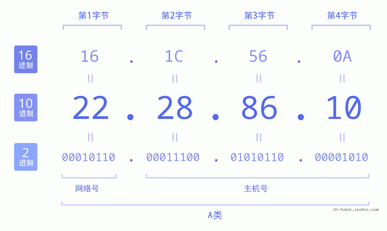 IP地址:22.28.86.10 数据结构图 二进制 十进制 十六进制 IPv4: 22.28.86.10 网络类型 网络号 主机号