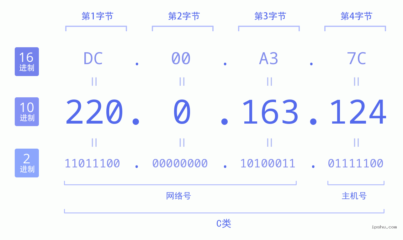 IPv4: 220.0.163.124 网络类型 网络号 主机号