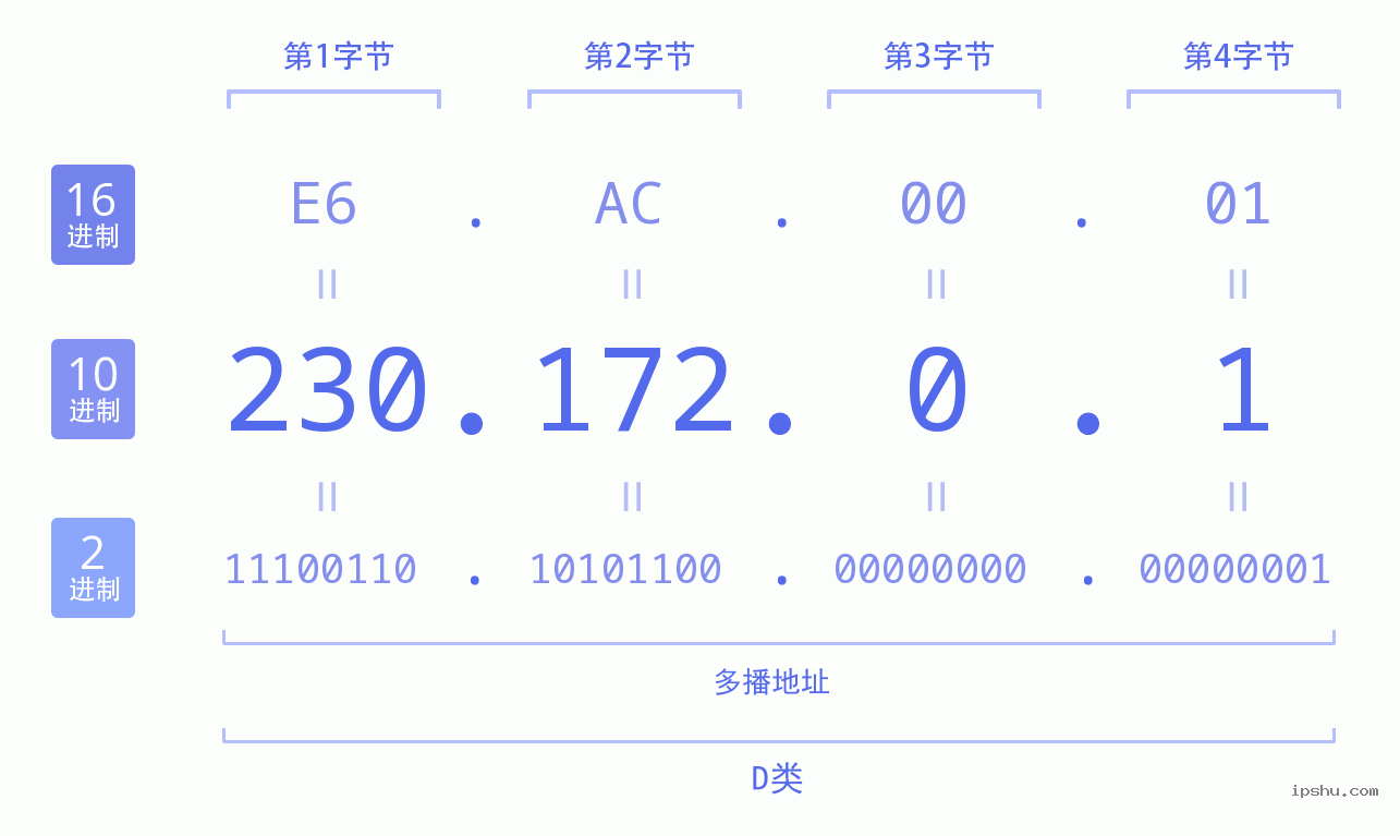 IPv4: 230.172.0.1 网络类型 网络号 主机号