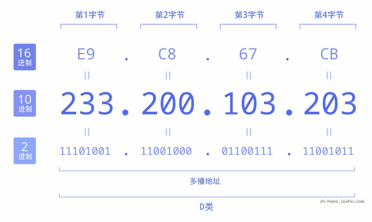 IPv4: 233.200.103.203 网络类型 网络号 主机号