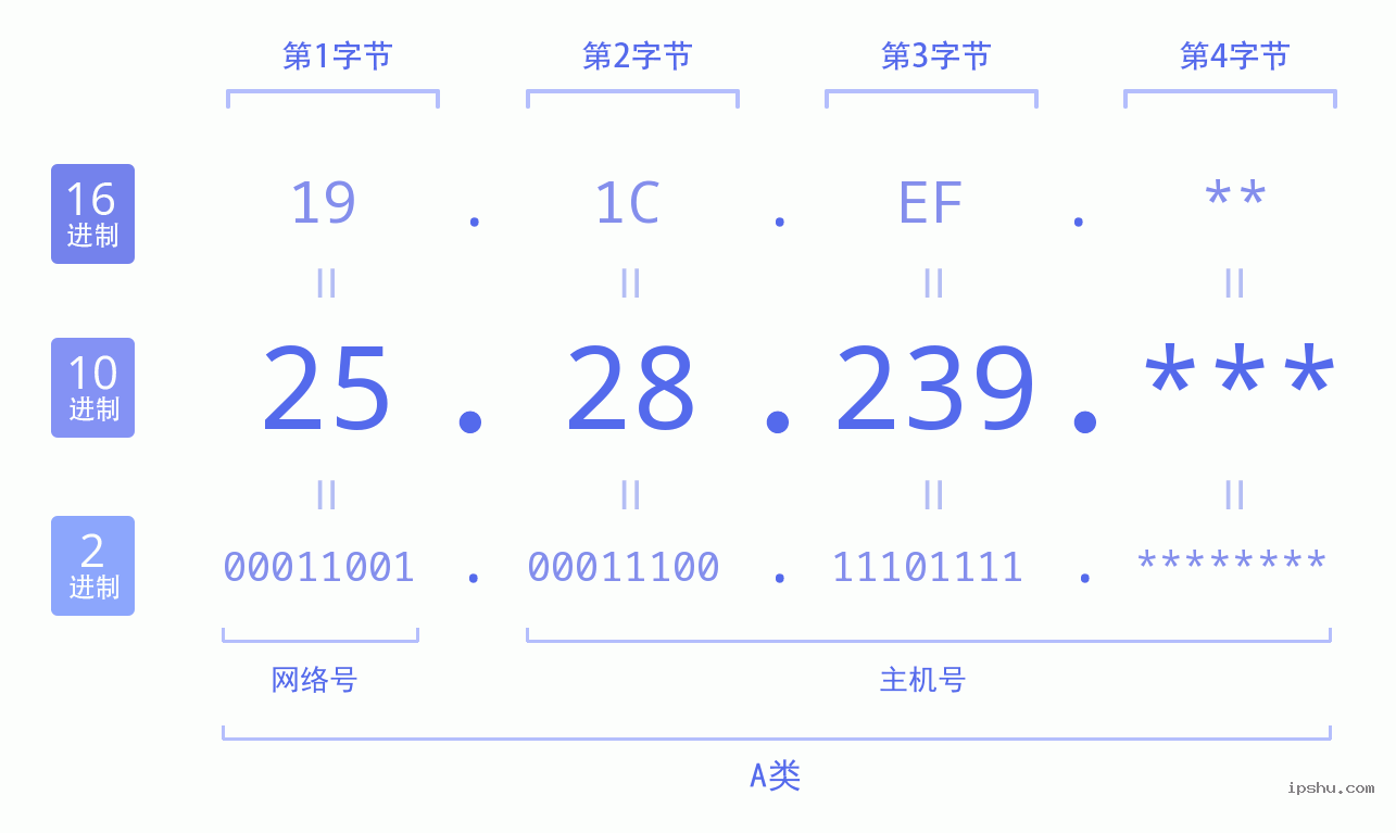 IPv4: 25.28.239 网络类型 网络号 主机号