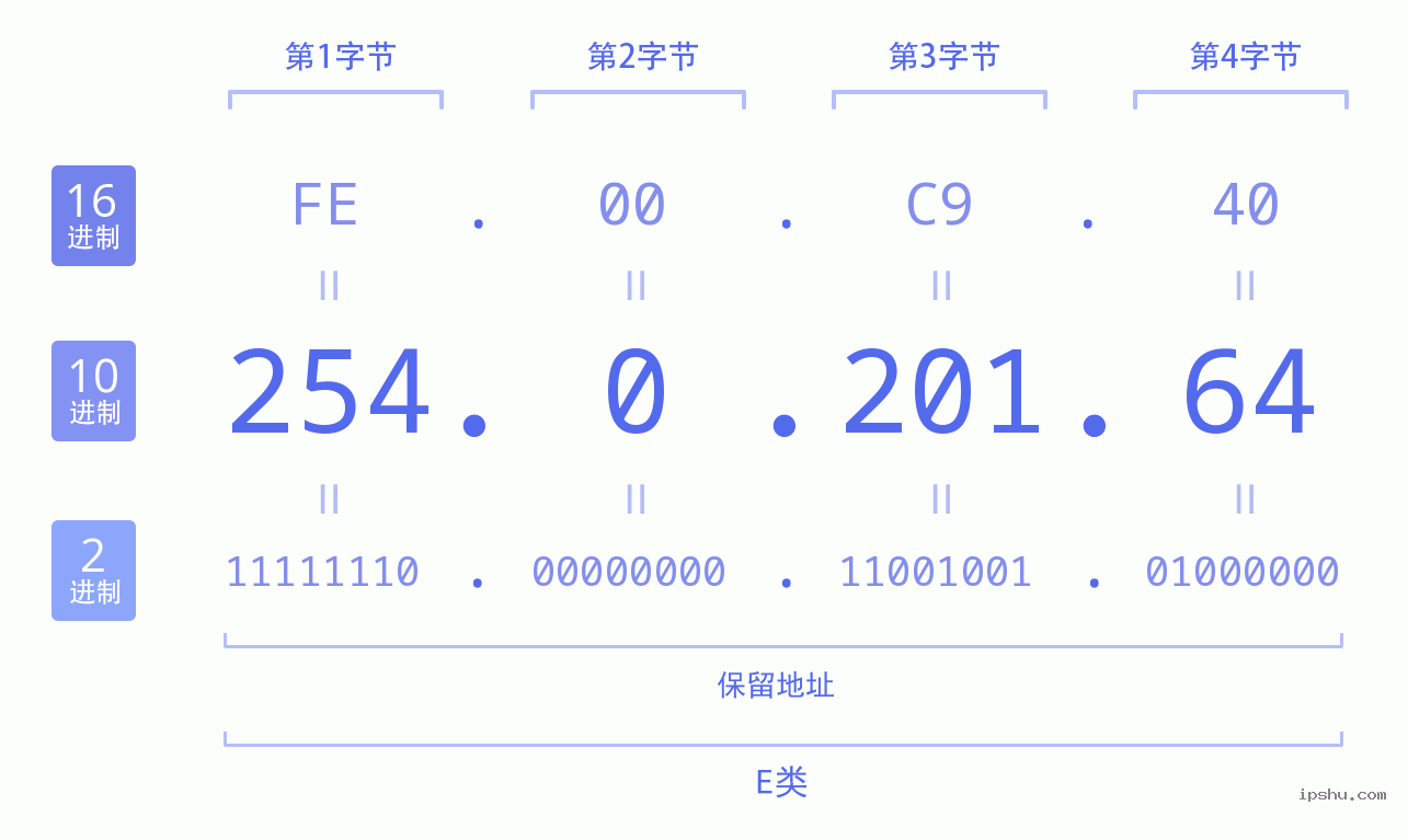 IPv4: 254.0.201.64 网络类型 网络号 主机号