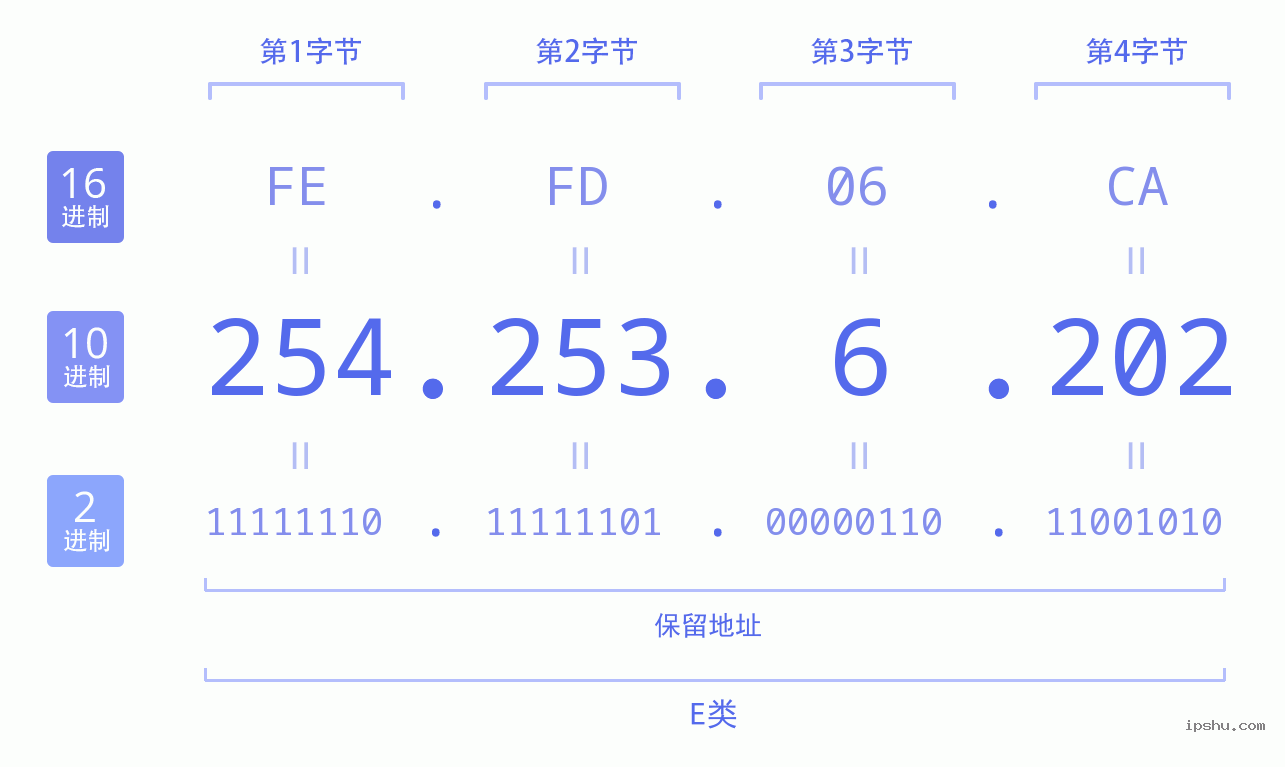 IPv4: 254.253.6.202 网络类型 网络号 主机号