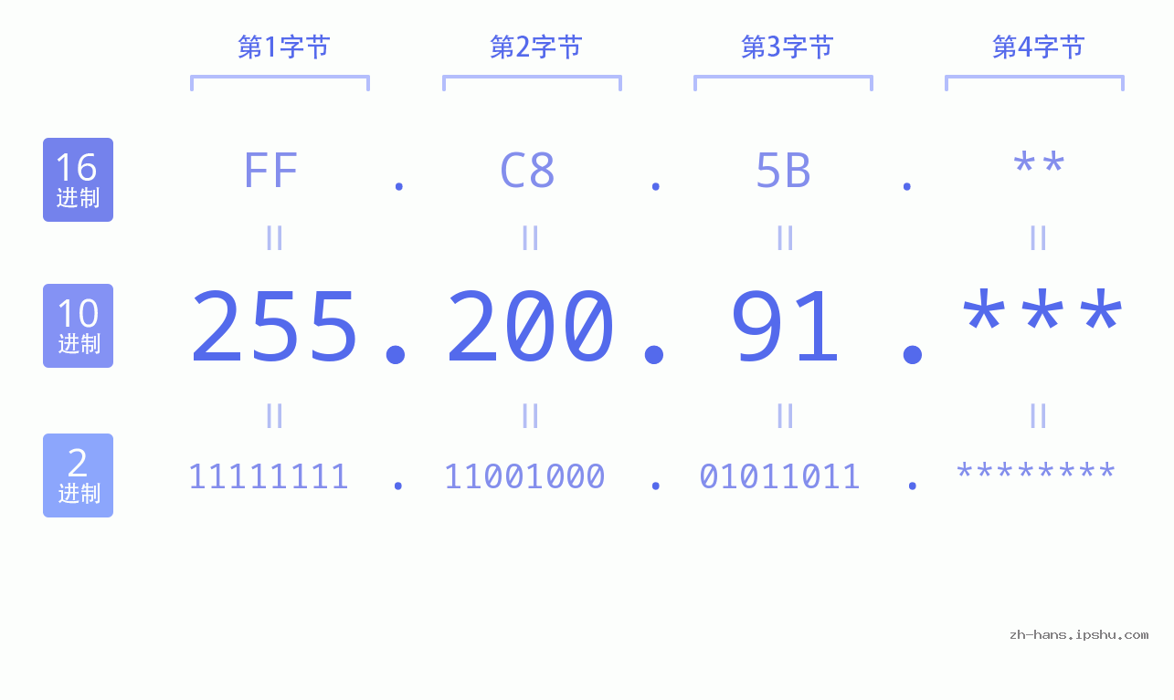 IPv4: 255.200.91 网络类型 网络号 主机号