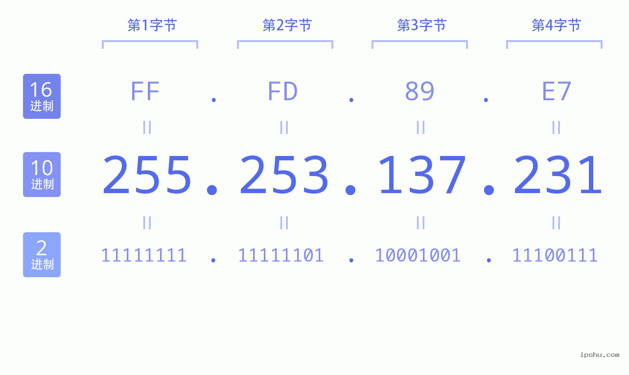 IPv4: 255.253.137.231 网络类型 网络号 主机号