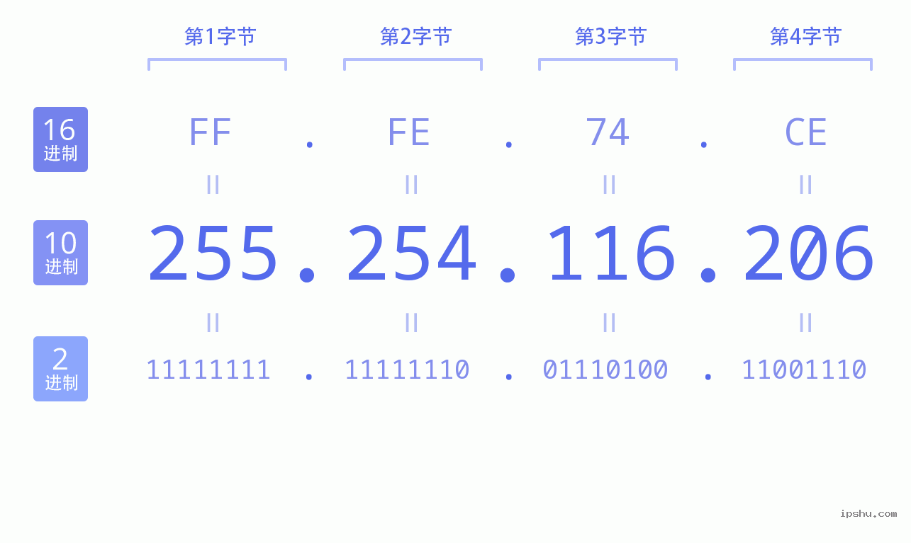 IPv4: 255.254.116.206 网络类型 网络号 主机号