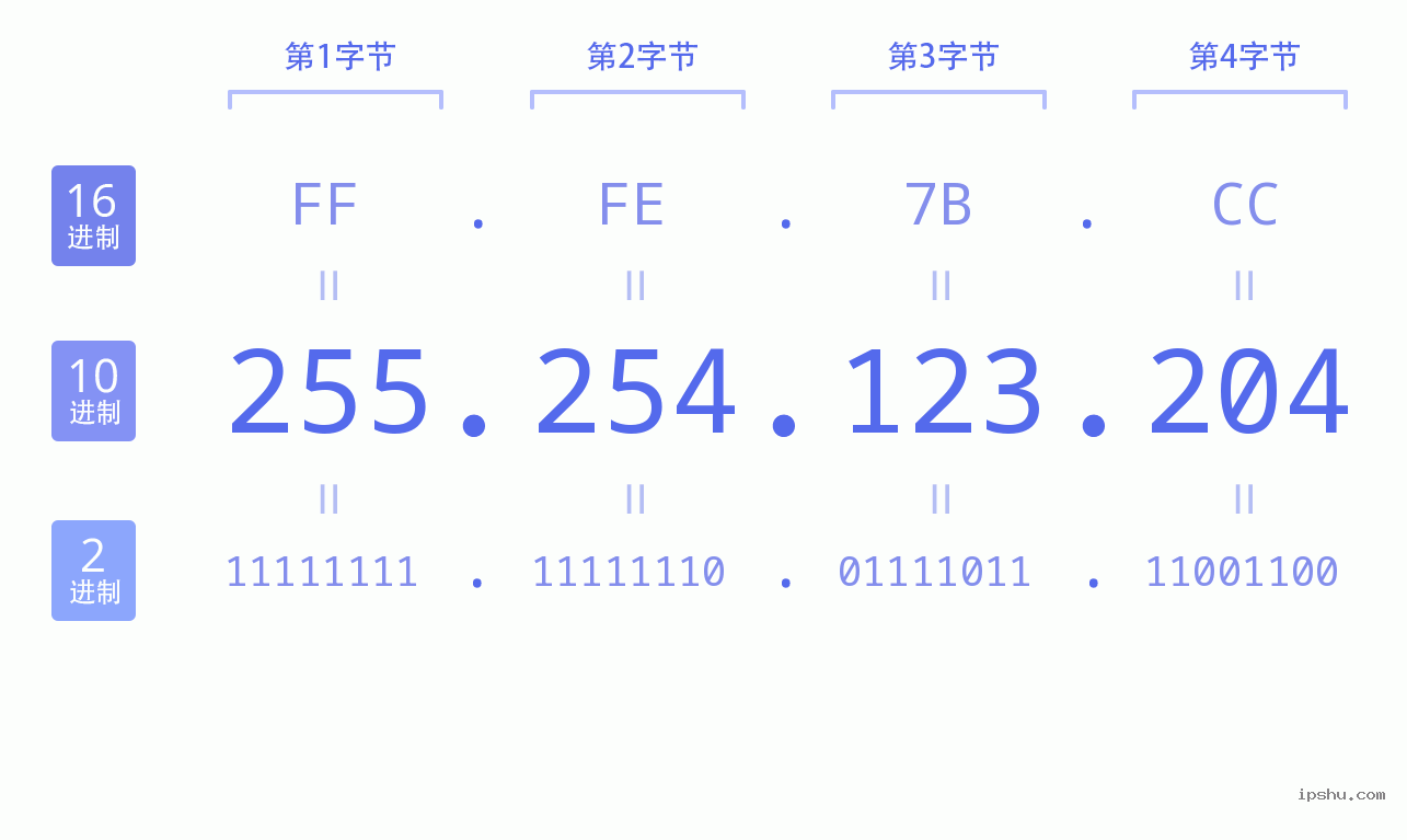 IPv4: 255.254.123.204 网络类型 网络号 主机号