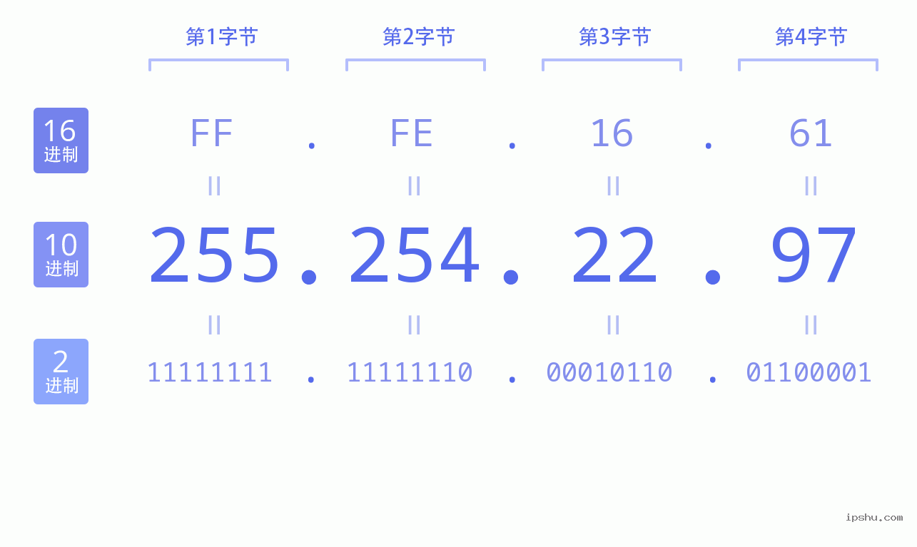 IPv4: 255.254.22.97 网络类型 网络号 主机号