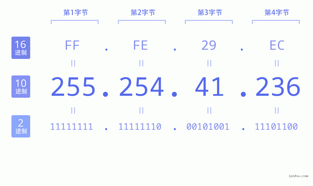 IPv4: 255.254.41.236 网络类型 网络号 主机号