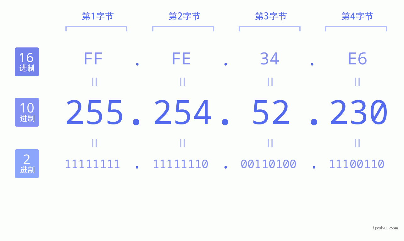 IPv4: 255.254.52.230 网络类型 网络号 主机号