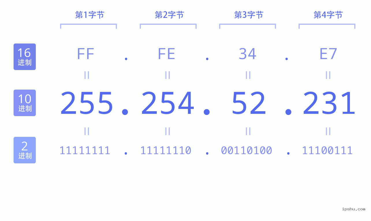 IPv4: 255.254.52.231 网络类型 网络号 主机号