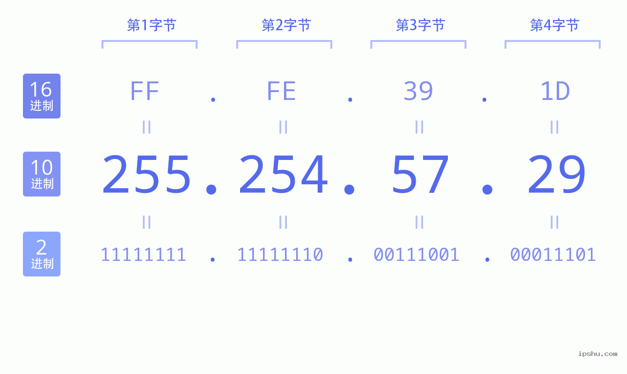 IPv4: 255.254.57.29 网络类型 网络号 主机号