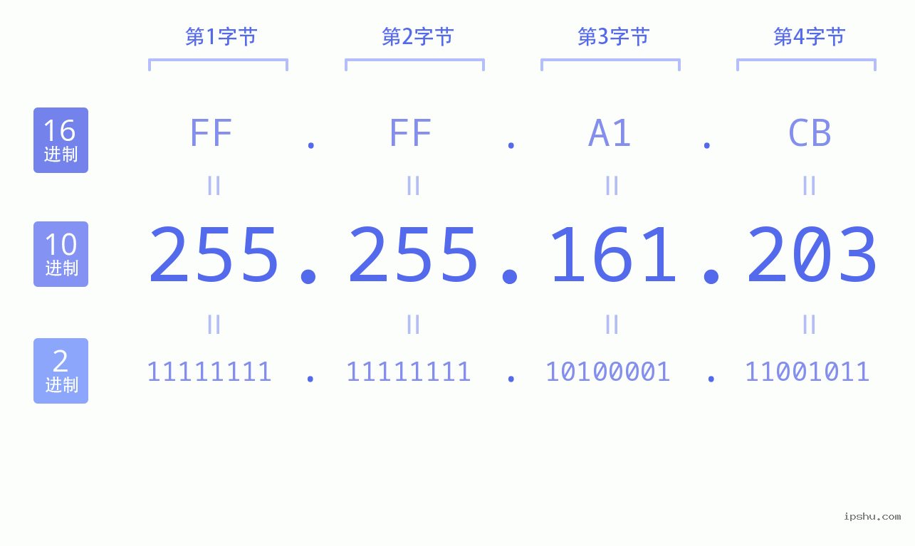 IPv4: 255.255.161.203 网络类型 网络号 主机号