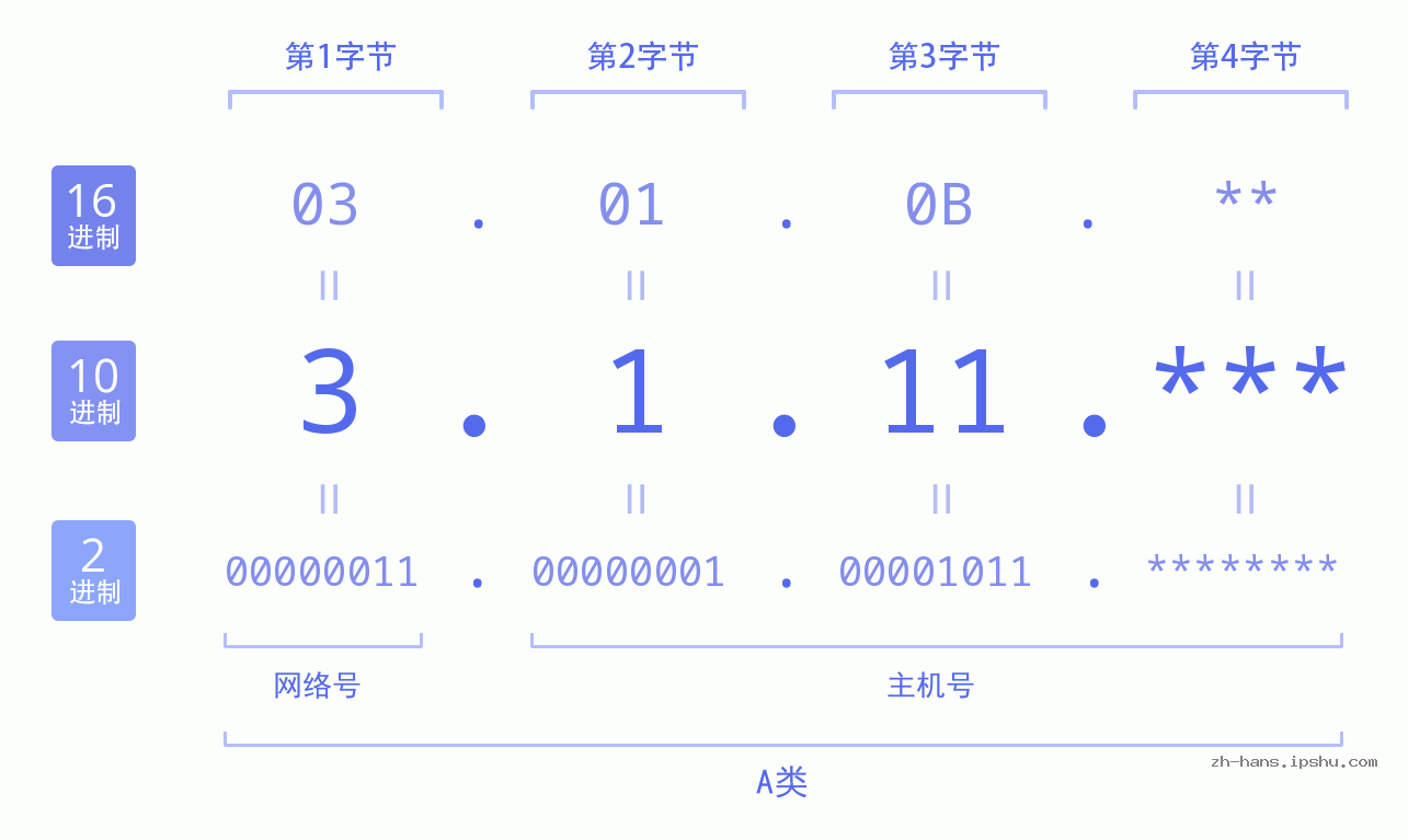 IP地址:3.1.11 数据结构图 二进制 十进制 十六进制 IPv4: 3.1.11 网络类型 网络号 主机号