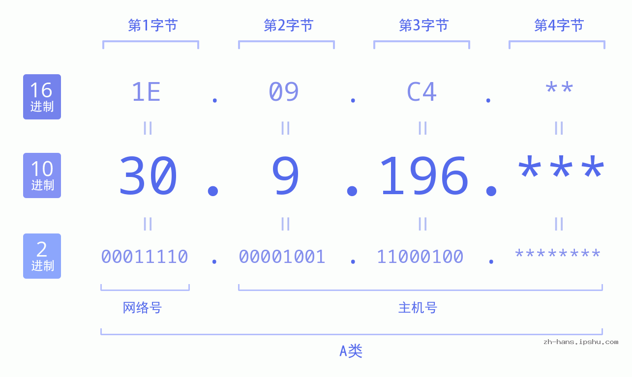 IP地址:30.9.196 数据结构图 二进制 十进制 十六进制 IPv4: 30.9.196 网络类型 网络号 主机号