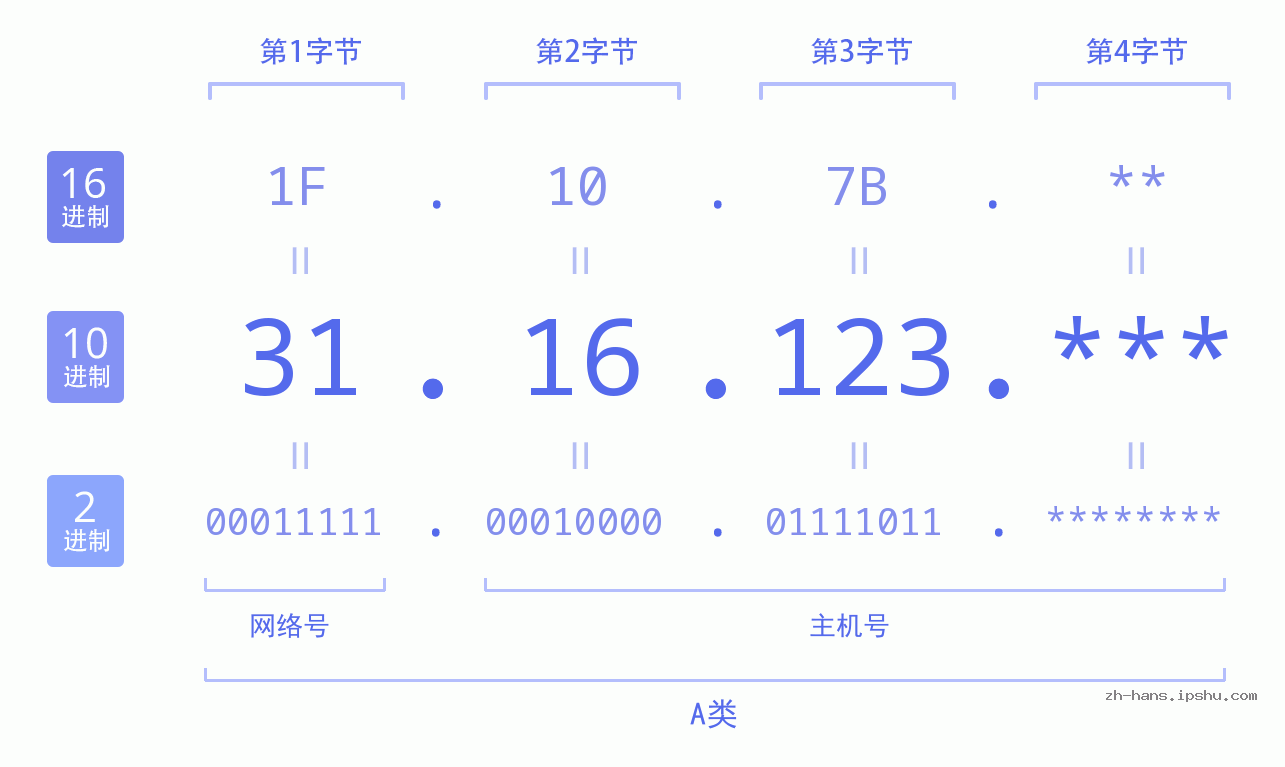 IP地址:31.16.123 数据结构图 二进制 十进制 十六进制 IPv4: 31.16.123 网络类型 网络号 主机号