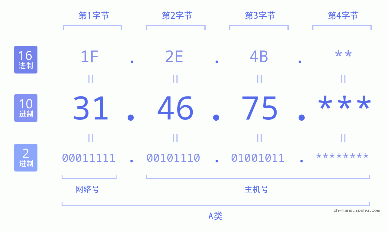 IP地址:31.46.75 数据结构图 二进制 十进制 十六进制 IPv4: 31.46.75 网络类型 网络号 主机号