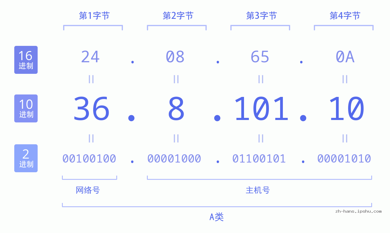 IP地址:36.8.101.10 数据结构图 二进制 十进制 十六进制 IPv4: 36.8.101.10 网络类型 网络号 主机号