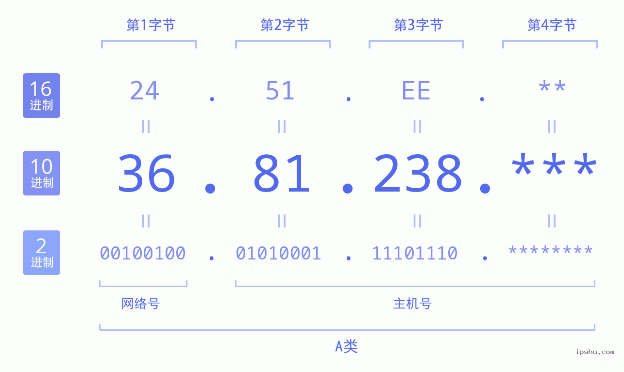 IPv4: 36.81.238 网络类型 网络号 主机号