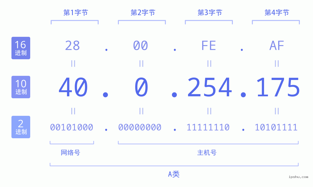 IPv4: 40.0.254.175 网络类型 网络号 主机号