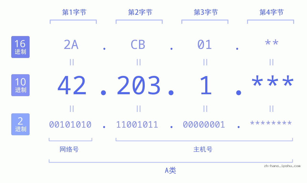 IP地址:42.203.1 数据结构图 二进制 十进制 十六进制 IPv4: 42.203.1 网络类型 网络号 主机号